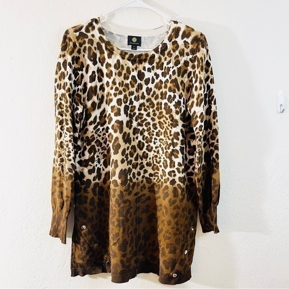 Jm Collection Brown/Black Cheetah Print Long Sleeve Tunic Sweater Size Medium